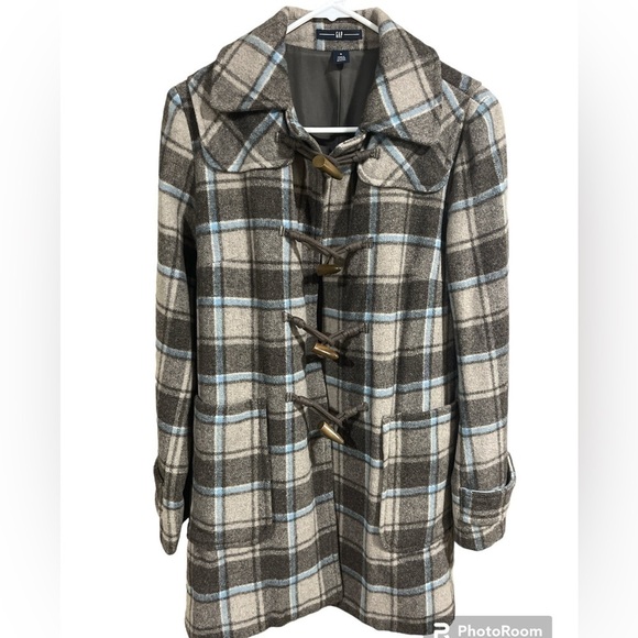 GAP Women’s Plaid Wool Winter Pea Coat Toggle Button Small Y2K Preppy Academia - Picture 2 of 12